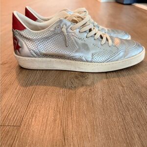 Golden Goose Silver Leather Sneakers with Red Heel Accent